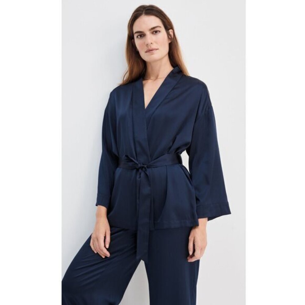 HAVEN Well Within Washable Silk Wrap Top XS Navy Blue